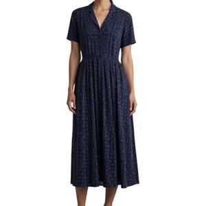 VTG Karin Stevens Shirt Dress Printed Button Down Collared Navy Blue 10